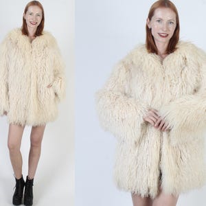 Real Tibetan Lamb Fur Coat, Ivory Mongolian Curly Jacket, Vintage