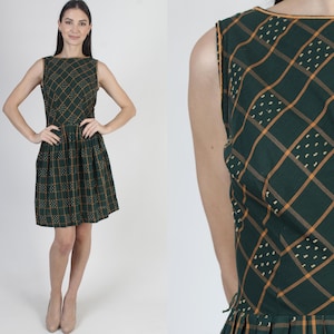 50s Green Plaid Mid Century Dress, Vintage Full Circle Skirt, Retro Bombshell Frock