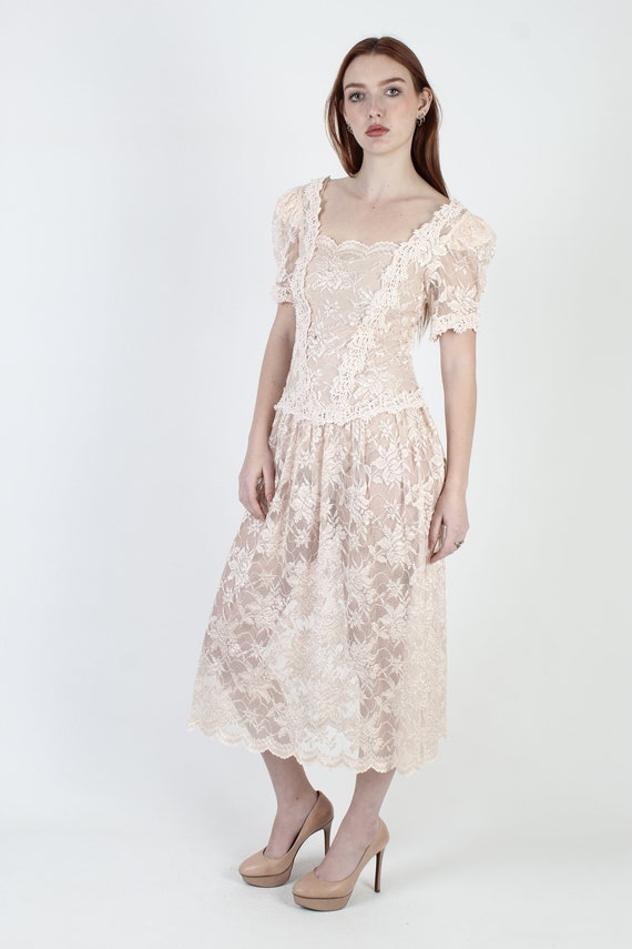 1980's Art Deco Floral Lace Dress, Vintage See Th… - image 3