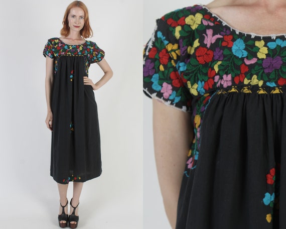Long Black Cotton Oaxacan Dress San Antonio Heavi… - image 1