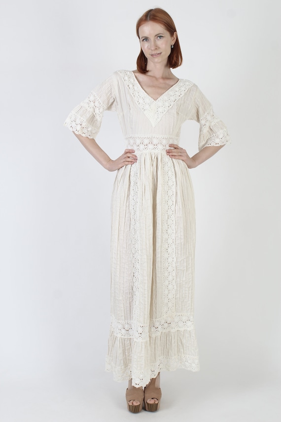 Off White Mexican Pintuck Bell Sleeve Wedding Dre… - image 2