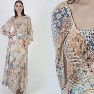 Cottagecore Patchwork Smocked Dress, Jack Kremer Colorblock Sundress, Vintage Prairie Maxi Gown