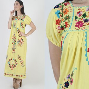 Vestido largo mexicano amarillo bordado a mano para mujer, de