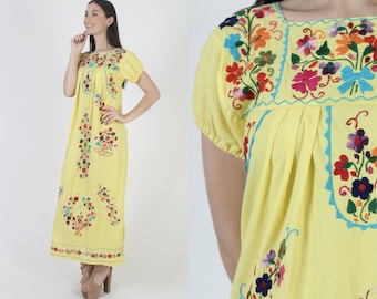 Gelbes mexikanisches langes Kleid Vintage schwer handbesticktes Sommerkleid Puebla Baumwolle Puffärmel Maxi