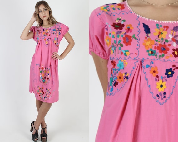 Vintage Pink Cotton Mexican Dress / Traditional Me