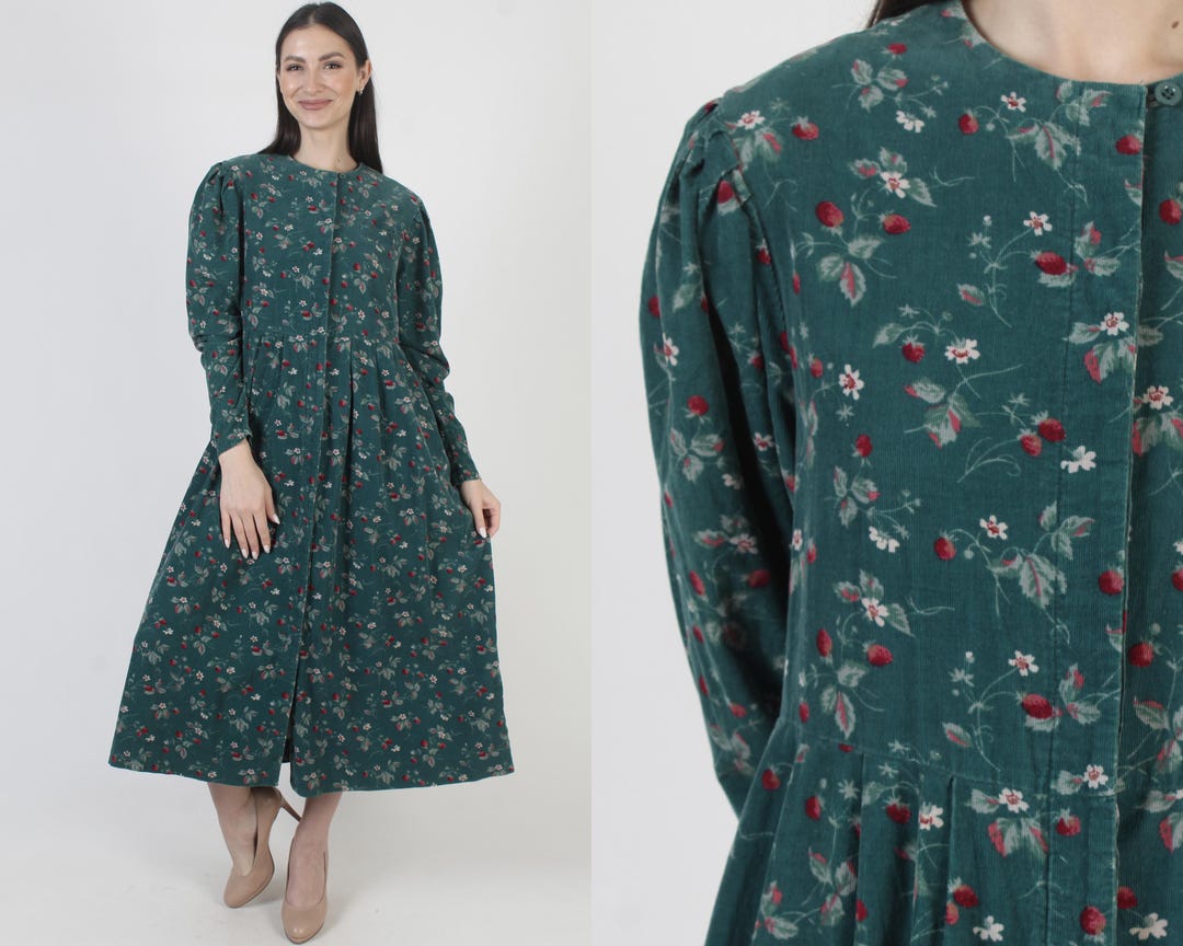 Laura Ashley Designer Dress Floral Corduroy Material Vintage Cord