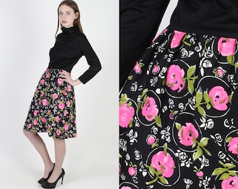 Vintage 70s Neon Rose Floral Dress Casual Evening Retro Party Cowl Neck Black Mini Dress