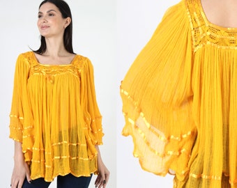 Yellow Gauze Mini Dress / Lightweight Thin Kimono Sleeves / Crochet Lace Angel Wing Top / Marigold Sheer Beach Cover Up