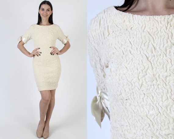 cream wiggle dress Vintage 1960's Embossed Silk Neiman Marcus Wiggle Dress Cream Ecru Belt XS