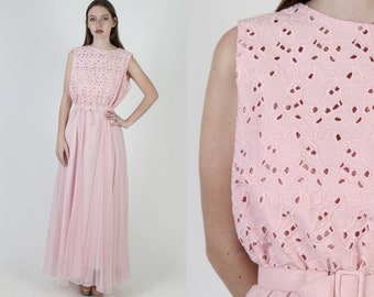 Vintage 60s Embroidered Eyelet Dress, 1960s Pale Pink Chiffon Cut Out Dress, Matching Included Belt, Womens Long Maxi Dress