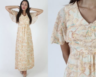 70s Farm Windmill Print Country Maxi Dress / Prairie Floral Western Folk Sundress / Deep V Neck. With Flutter Sleeves