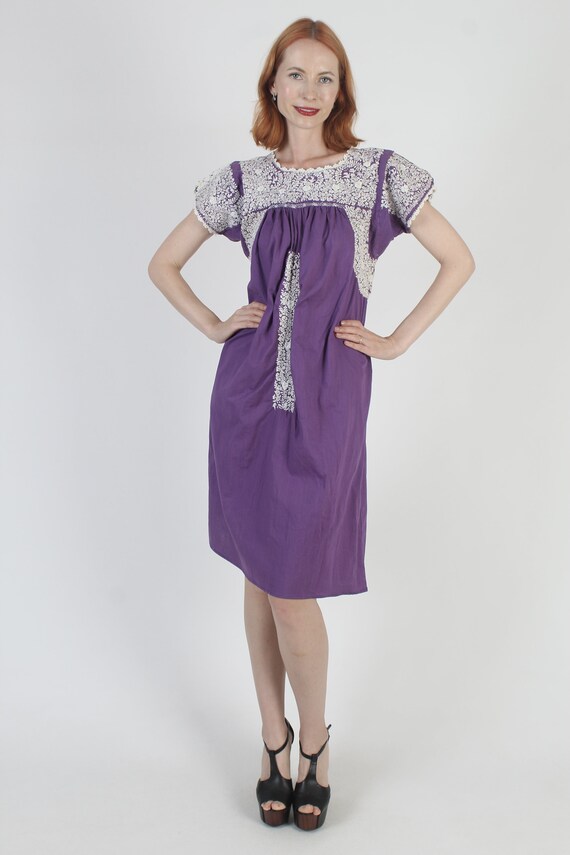 Purple Cotton Oaxacan Dress All White Hand Embroi… - image 2