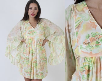 Fan Kimono Sleeve Mini Dress, Floral Wrap Bodice, Vintage 70s Bohemian Festival Castle Print