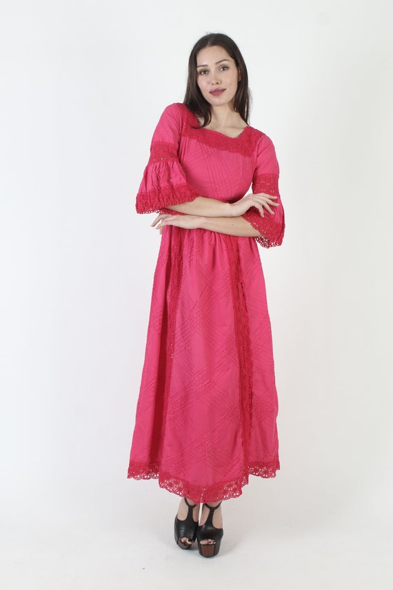 Magenta Bell Sleeve Mexican Dress, Crochet Lace Q… - image 3