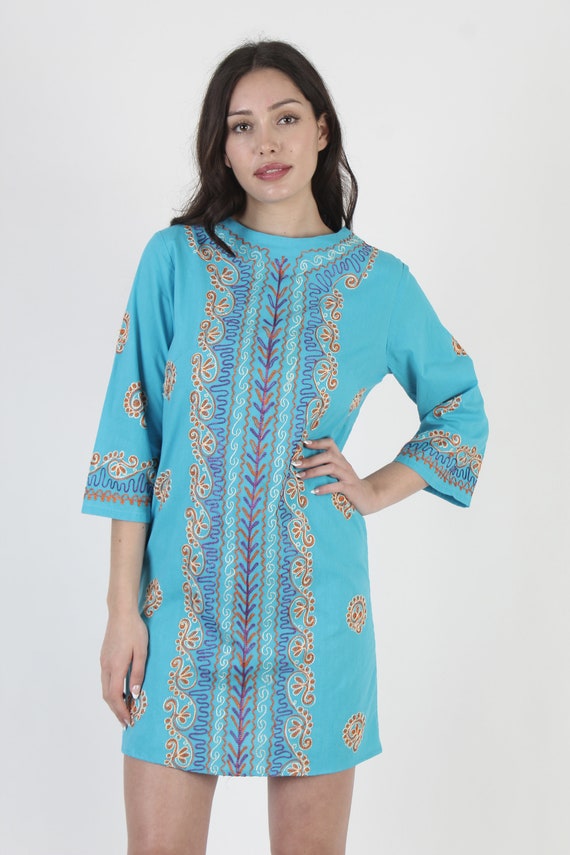 Teal Embroidered Caftan Bell Sleeve Turquoise Min… - image 2