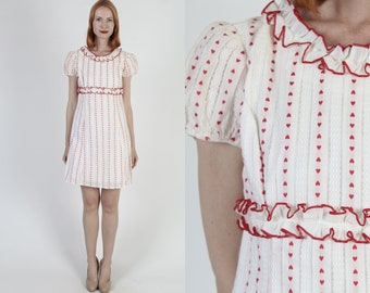 Tiny Red Heart Print Babydoll Dress Vintage 70s Casual Southern Belle Mini Vertical Striped High Waisted Dress