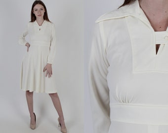 Vintage 70er Jahre Ivory Disco Sekretär Kleid Deep V Hals Dolch Kragen Taille Krawatte Mini Kleid