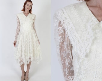 Asym Hem ivory Gunne Sax Dress / Jessica McClintock Romantic Floral Lace Gown / Deco Bridal Party Capelet Collar