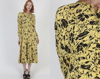 Floral Print India Dress Button Up Summer Midi Frock Vintage 70s Batwing Full Skirt Dress