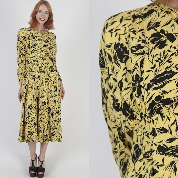 Floral Print India Dress Button Up Summer Midi Frock Vintage 70s Batwing Full Skirt Dress