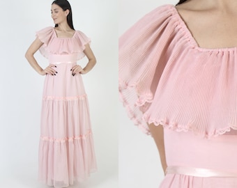 Candi Jones Off The Shoulder Barbiecore Dress Long Rustic Bridesmaids Gown 70s Boho Renaissance Festival Maxi Sundress