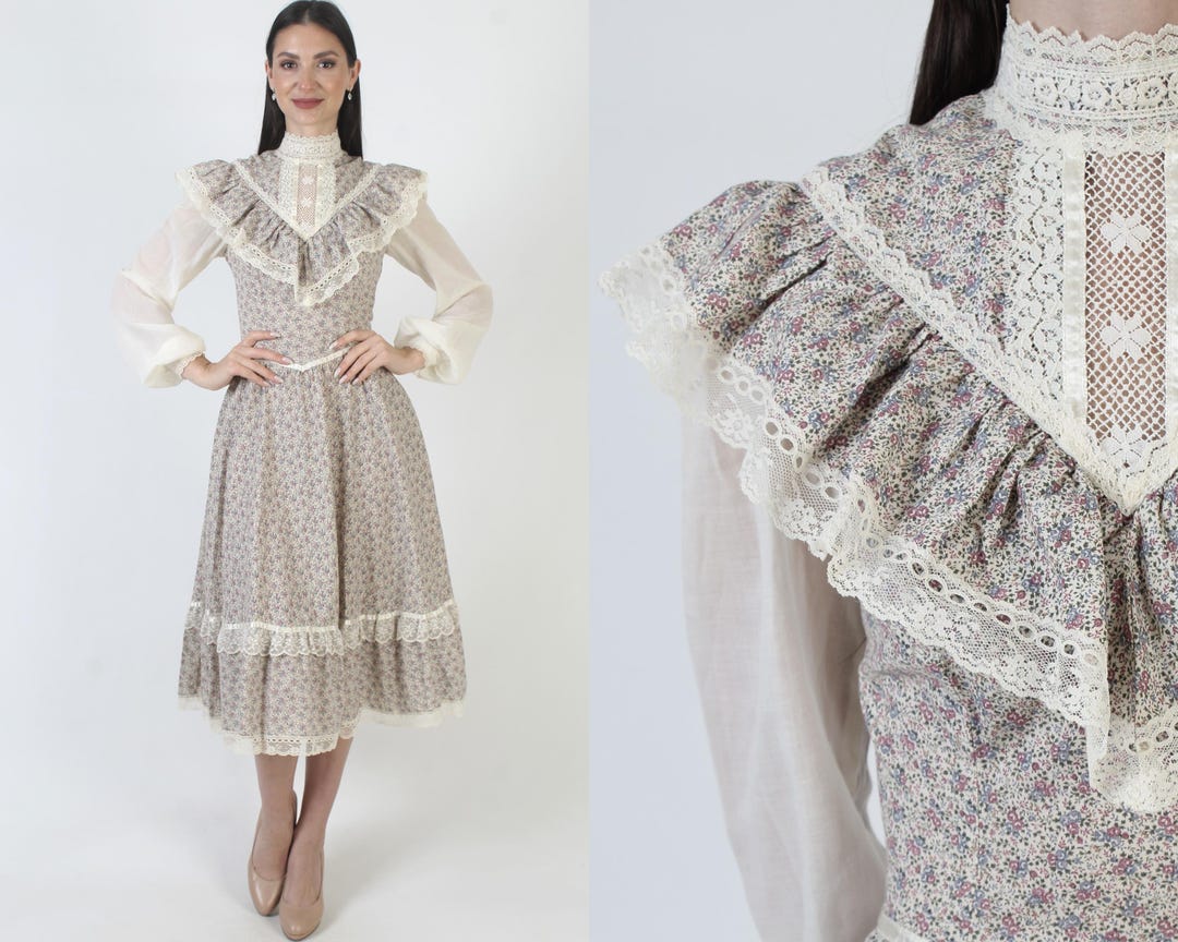 Cream Calico Gunne Sax Dress, Vintage Jessica Mcclintock, 70s