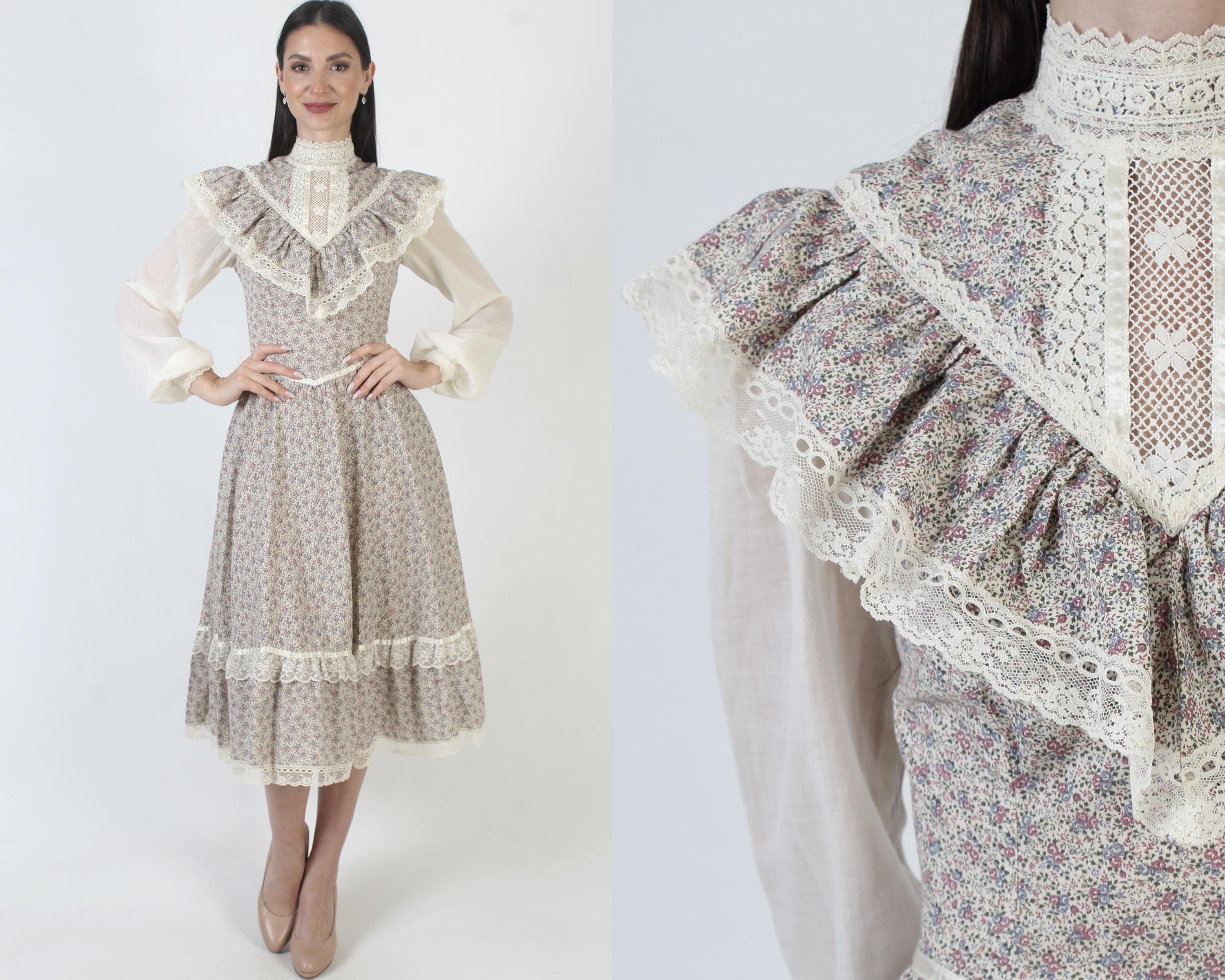 Cream Calico Gunne Sax Dress, Vintage Jessica Mcclintock, 70s