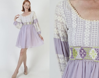 Reversible Crochet Mod Micro Mini Dress Puff Sleeve Bridesmaids Outfit High Waisted Full Skirt Sundress