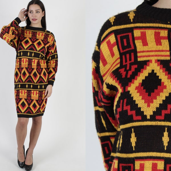 80s Southwestern Aztec Knit Dress, Vintage Black Tribal Cocoon Sweater Mini Dress