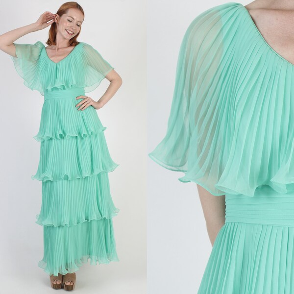 V-neck Half Sleeves T-Length Chiffon Dress Mint Green