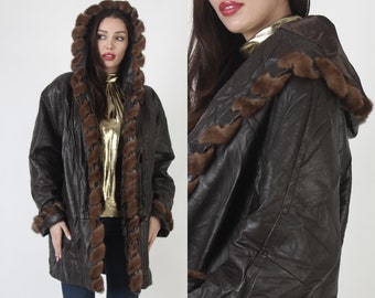 Marvin Richards Mahogany Mink Jacket, Vintage Mens Brown Leather Coat, Hooded Bomber Warm Overcoat M