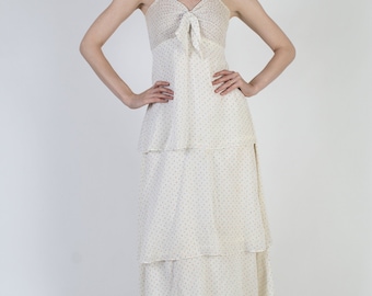 70s Floral Bandana Scarf Dress, Off White Prairie Shoulder Tie Sundress, Vintage Long Cottagecore Roberta Brand Outfit