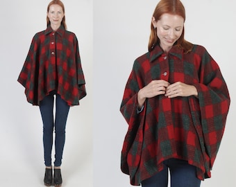 Capa vintage de los años 50 con estampado tartán rojo, poncho retro extragrande, chaqueta rockabilly para las fiestas.