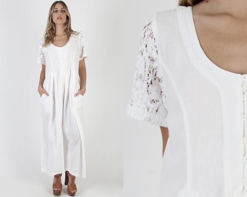 White Cotton Wide Leg Jumpsuit Vintage 80s Bali Lace Sleeve Playsuit Plain Baggy Button Up Utility Playsuit With Pockets