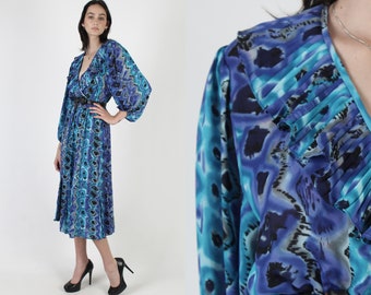 Vintage 80s Abstract Floral Dress / Plunging V Neck Dress Ruffle Bodice / Blue Black Pleated Deep Deep V Wrap Smocked Waist Maxi Dress