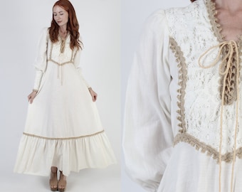 Jute Lace Up Corset Dress Renaissance Faire  Bridal Gown Vintage 70s Prairie Wedding Muslin Zipper Sleeve Maxi Dress
