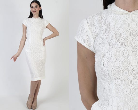 knee length wiggle dress White 50s Dress, Vintage Mid Century Style, Monochrome Mini illusion high neck wedding dresses