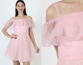 Pink Polka Swiss Dot Dress Vintage 70s Romantic Country Youthful Frock Pretty Barbiecore Style Mini Sundress
