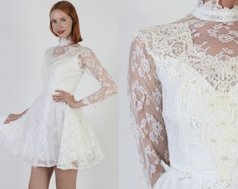 60s Off White Chiffon Bridal Gown Wedding Party Sheer Lace Sleeves Vintage Solid Color Victorian Mini Dress