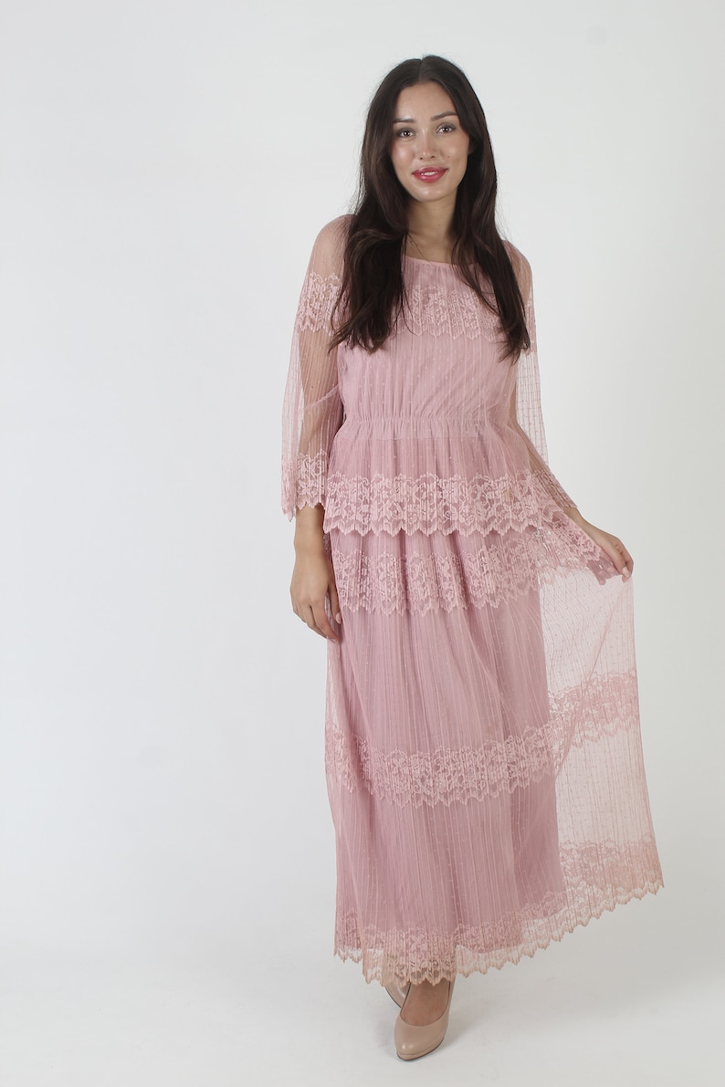 70s Cotton Candy Pink Lace Dress / Sheer Floral Scallop Hem / Elegant Plain Bell Sleeve Romantic Gown / Wedding Bridesmaid MOTB Maxi image 2