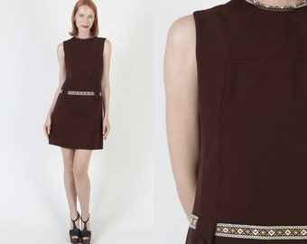 Minimalistic 60s Brown Micro Mini Dress Private School Short Uniform Vintage Embroidered Drop Waist Frock