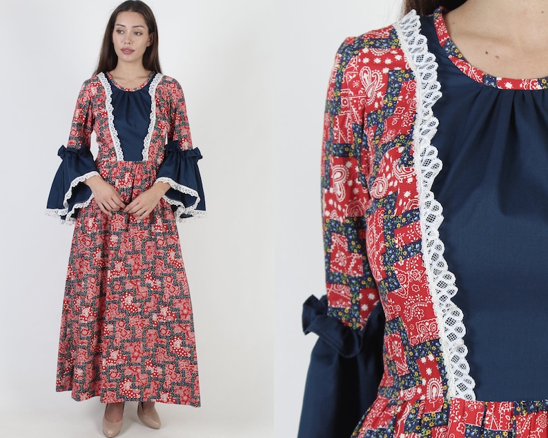 Americana Patchwork Quilt Dress / Vintage 70s Historical Period Colonial Dress / Trumpet Sleeve Long Southern Belle Maxi Dress