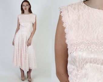 80s Powder Pink Floral Deco Dress, Scallop Crochet Trim Roll Bib, Fancy Vintage Lawn Party Midi Dress