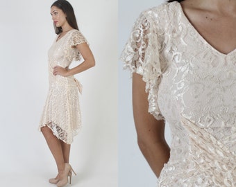 80s Deco Wedding Dress / Sheer Ivory Wrap Bodice / Plunging Deep V Neck / Sheer Floral Hanky Hem Skirt