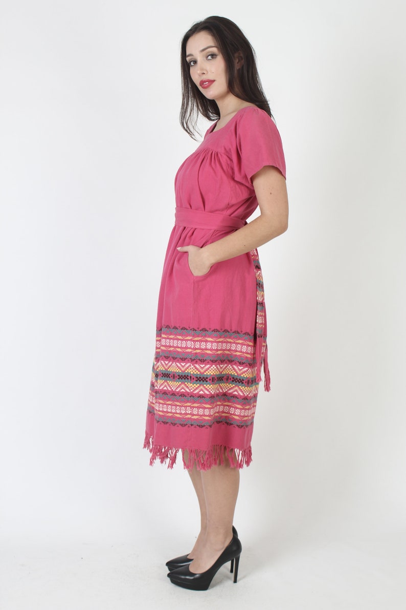 Traditional Aztec Embroidered Guatemalan Fringe Dress With Matching Waist Belt And Pockets image 4