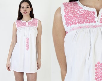 All Pink Embroidered Mexican San Antonio Mini Dress, V Neck Oaxacan Short Puebla Vestido, Made In Mexico