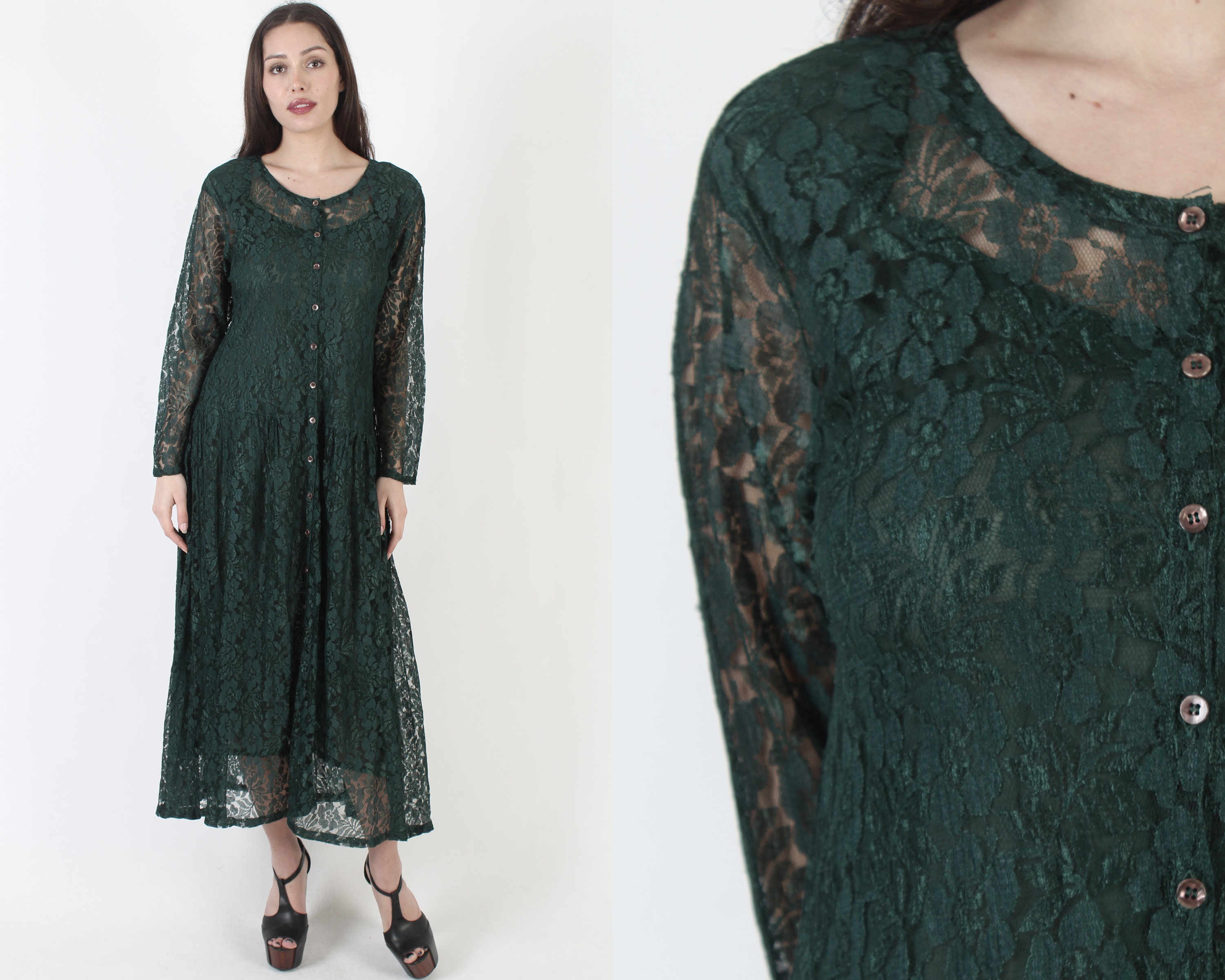 Robe longue grunge en dentelle verte des années 90 Forrest