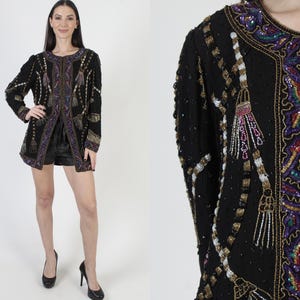 Abstract Beaded Deco Sequin Jacket, Black Oversized Silk Blazer, 80s Womens Cocktail Party Coat