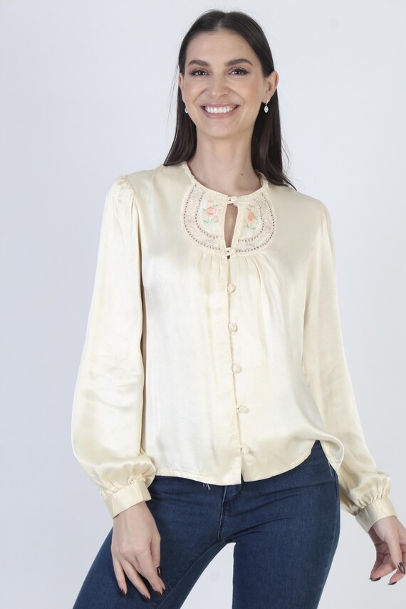 Vintage Gunne Sax Blouse, Cream Embroidered Satin… - image 2