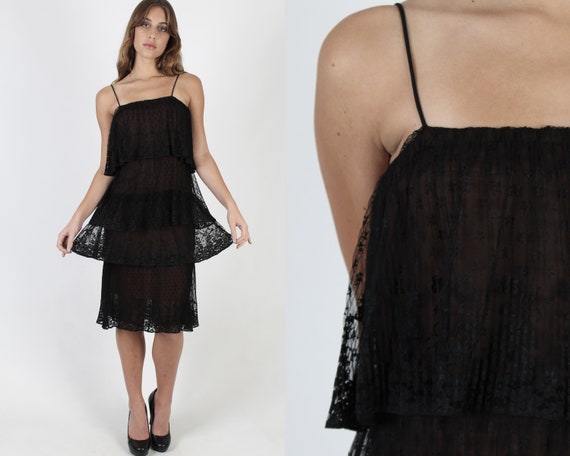 Vintage 70s Deco Lace Wedding Dress / Sheer Black